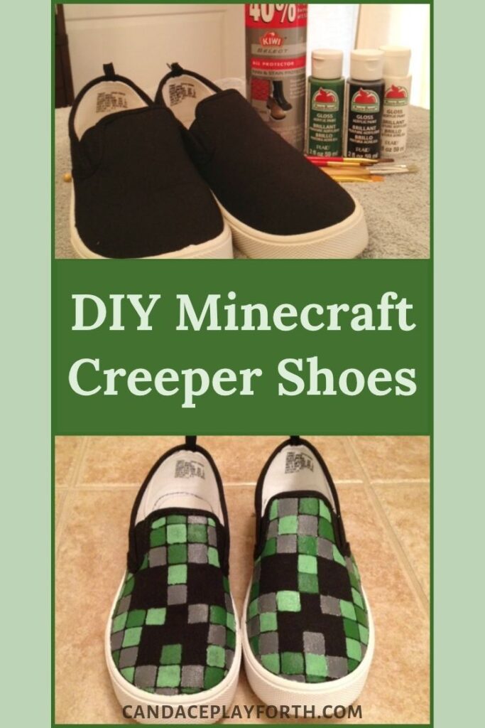 minecraft creeper shoes pin image with supplies and finished shoes