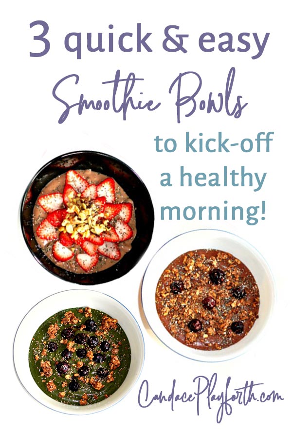 Smoothie bowls are a perfect easy and healthy breakfast. Check out these quick, delicious and nutritious recipes. Choose from green, acai, chocolate cherry or try all 3! #smoothie #smoothiebowl #healthybreakfast 