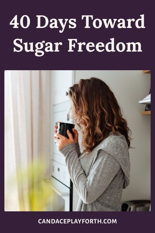 woman next to oven sipping coffee | 40 days to sugar freedom pin image
