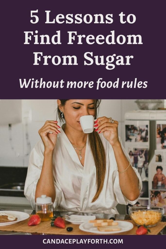 relaxed woman with espresso and strawberries in kitchen | 40 days sugar freedom lessons pin